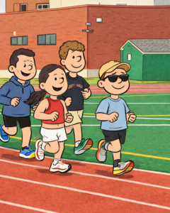 Children running on a track field.