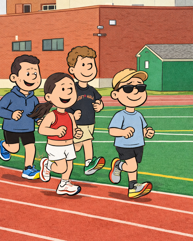 Children running on a track field.